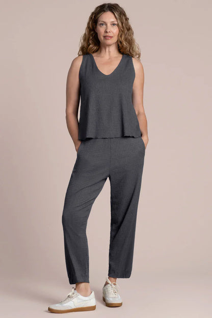 Black Pearl Pop V Neck Tank top by SYMPLI featuring popcorn waffle fabric and a relaxed V neckline.
