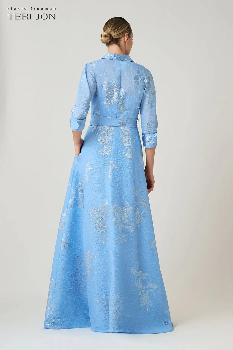 Metallic Jacquard Long Evening Dress