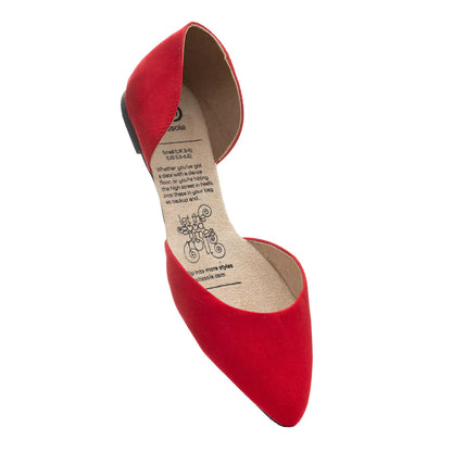 Red pointed-toe shoe with a cardboard insole on a white background