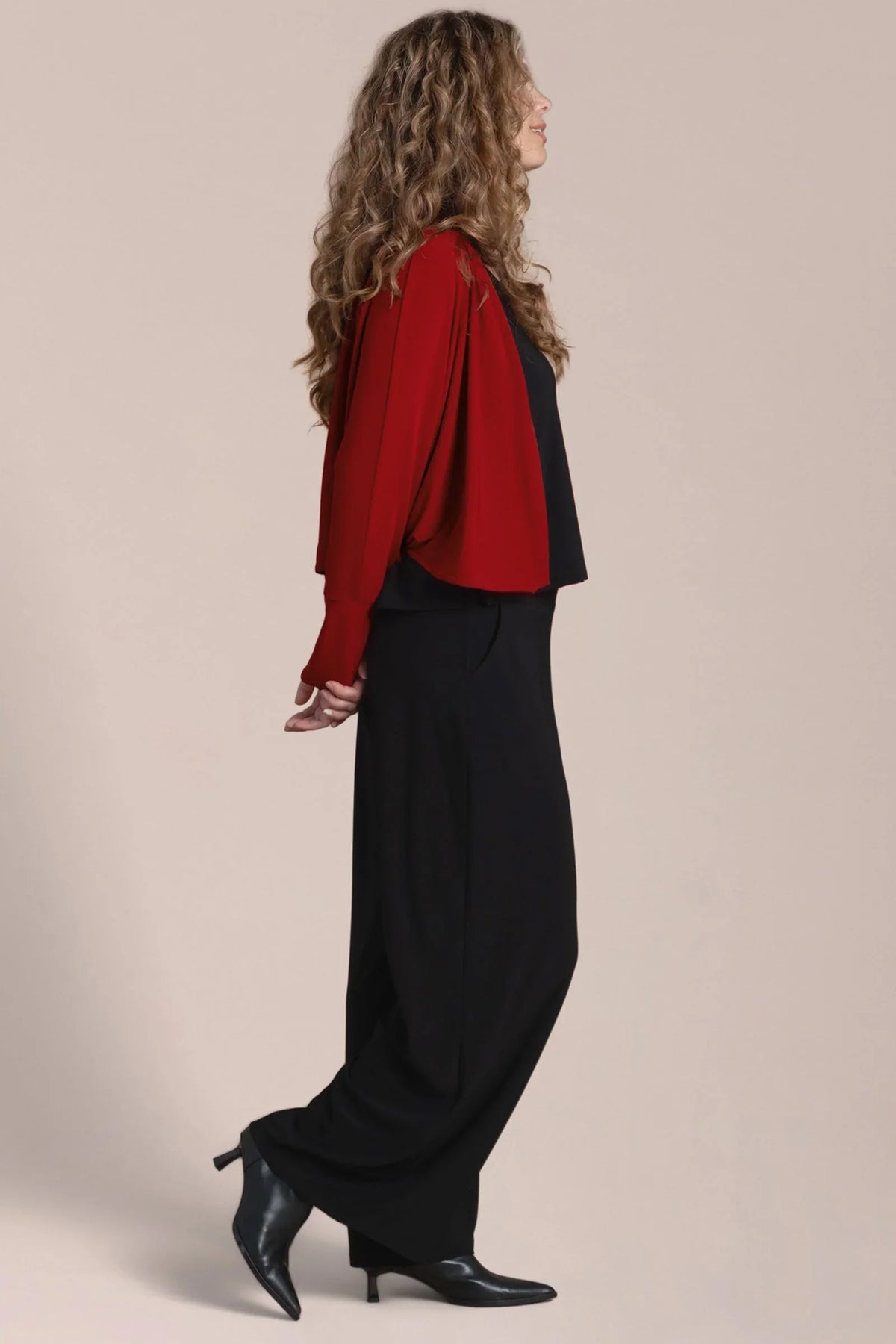 Red honeycomb knit shrug cardigan by SYMPLI, featuring textured honeycomb pattern and open front design.