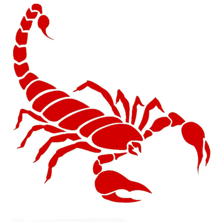 Red scorpion transfer sticker with CarStickers packaging on a white background