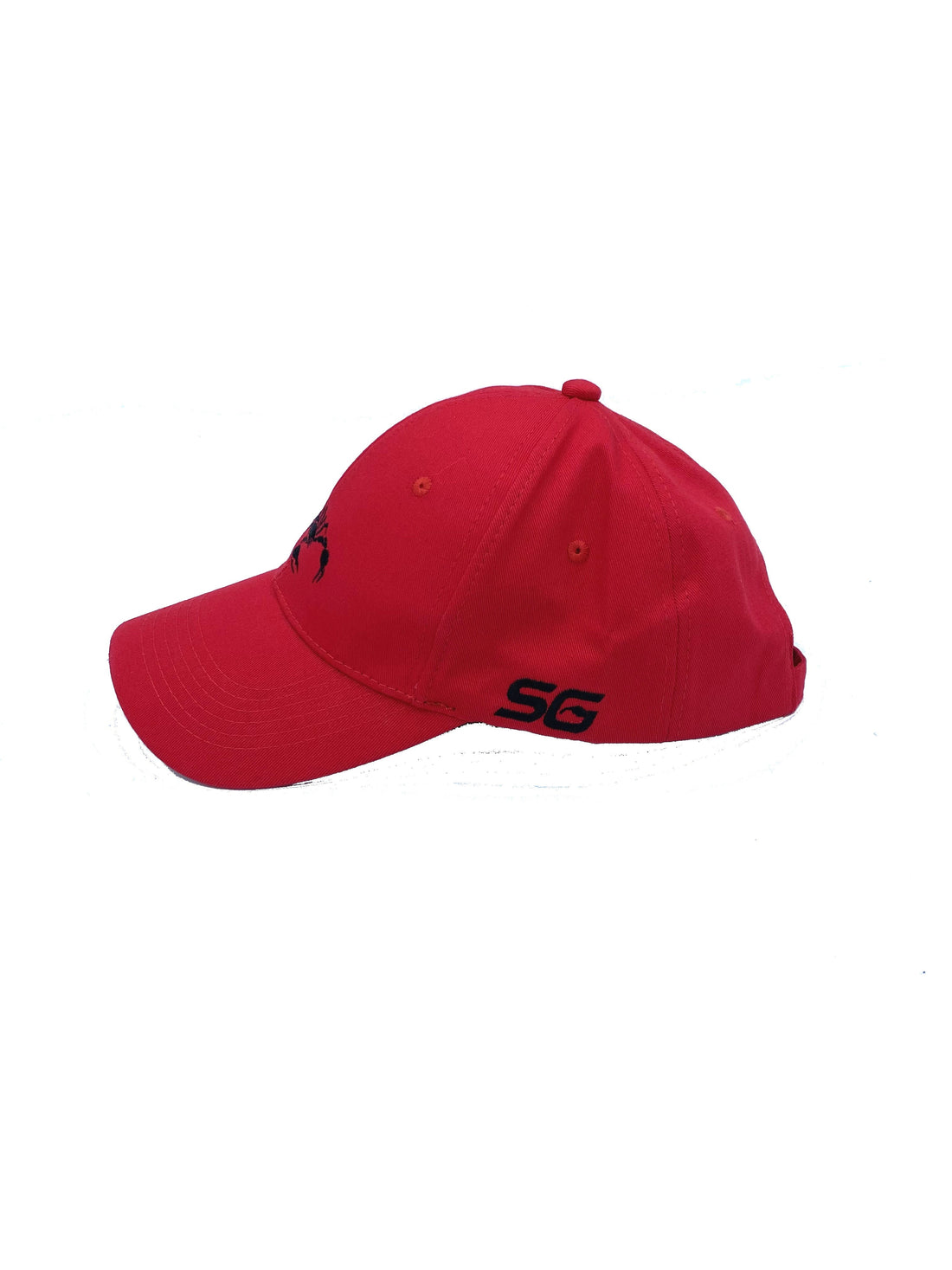 Red Scorpions Baseball Hat from SCORPION GEAR, side view showing the adjustable strap and embroidered logo.