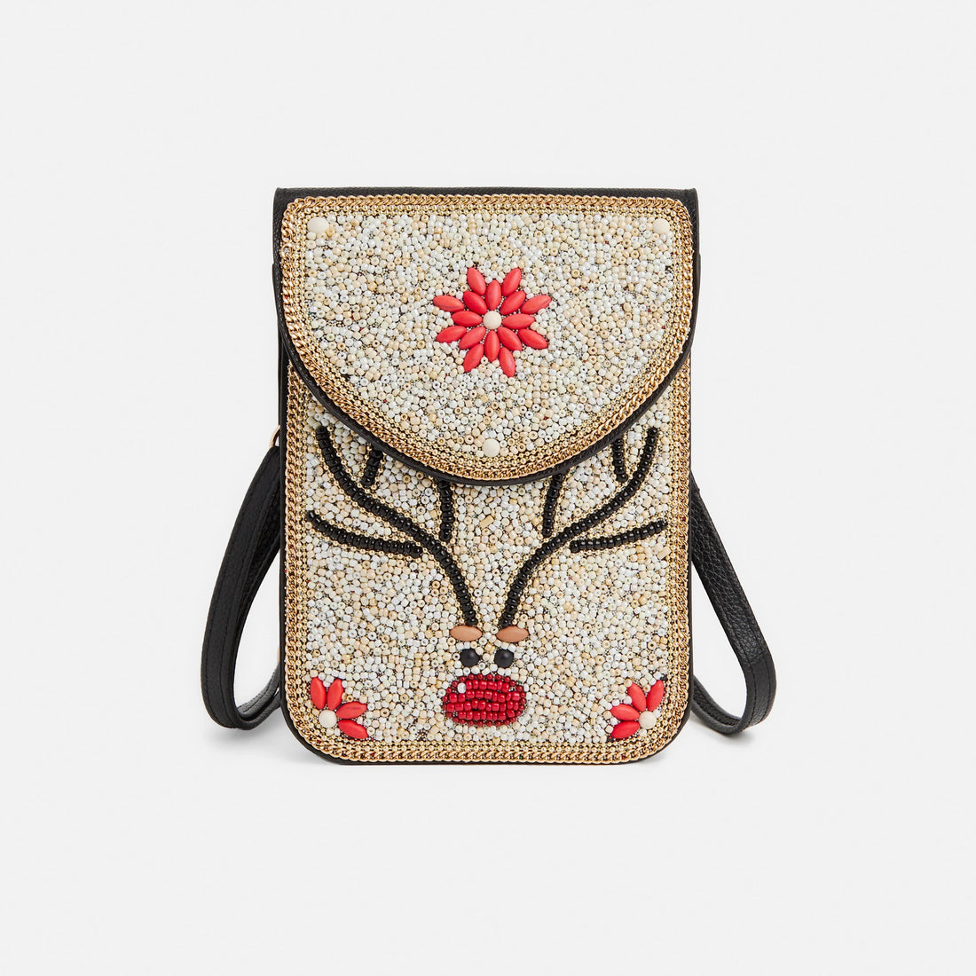 Beaded reindeer cross body with red flowers on a white background