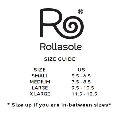Rollasole size guide with US measurements on a white background