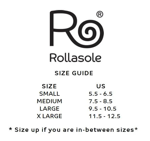 Rollasole size guide with US measurements on a white background