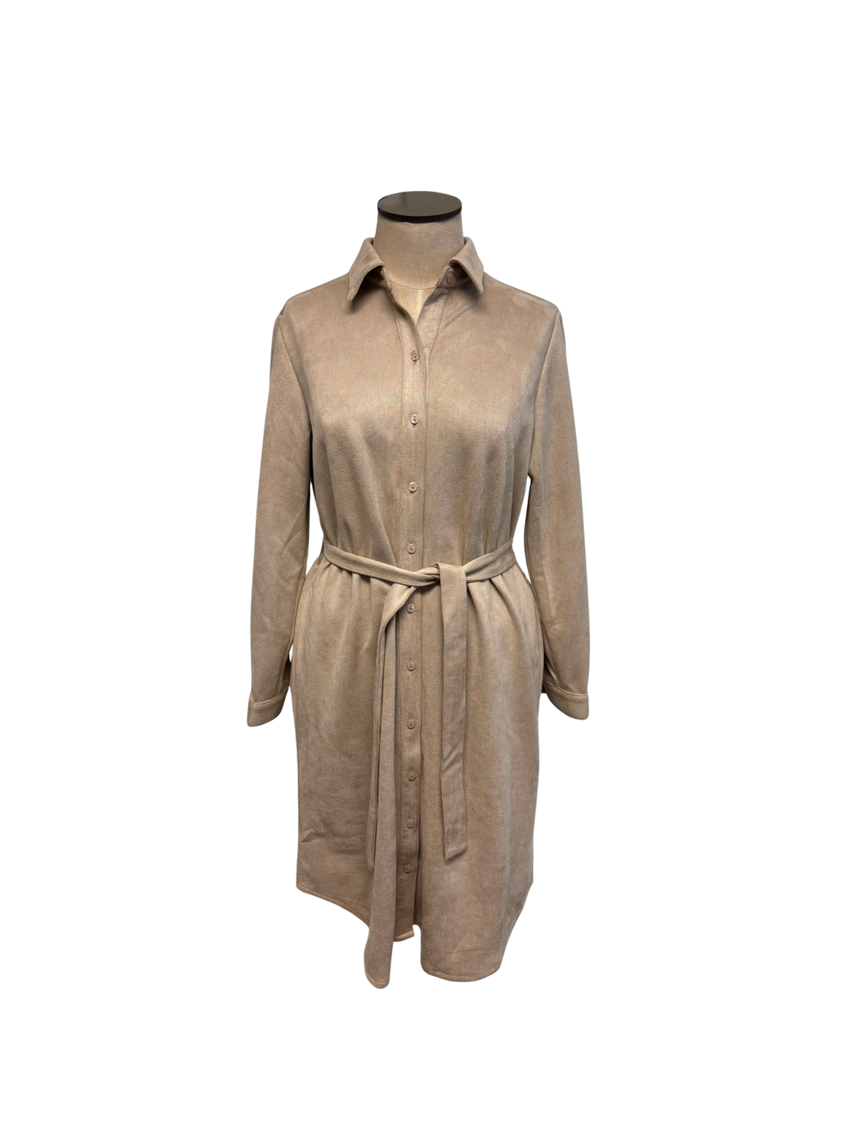 Beige dress on a mannequin against a white background