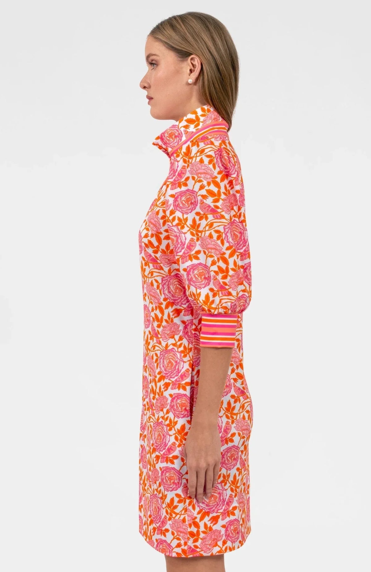 GRETCHEN SCOTT Swagger Dress in Smell The Roses casual style, featuring a floral pattern and relaxed fit, displayed on a hanger.