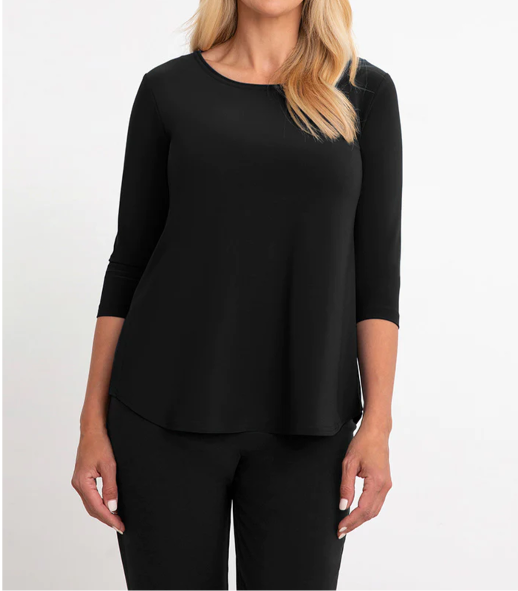 Black SYMPLI Go To Classic Tee, relaxed fit 3/4 sleeve tops, soft fabric, casual style, front view showing neckline and sleeves.