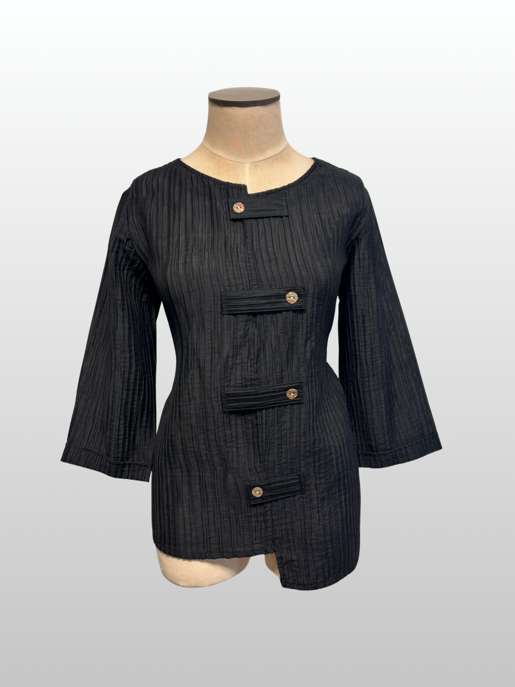 Black pinstripe jacket on a mannequin against a white background