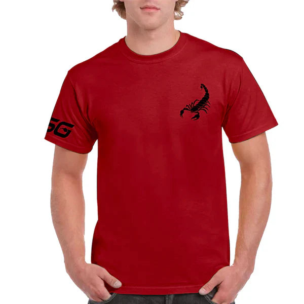 Red Scorpion Gear T-shirt featuring a bold scorpion graphic, casual short-sleeve design, made by Scorpion Gear.