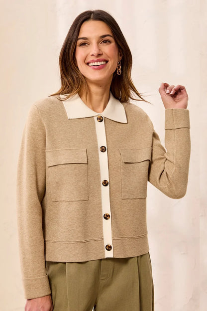 Double knit Long Sleeve Button-Front Collared Cardigan
