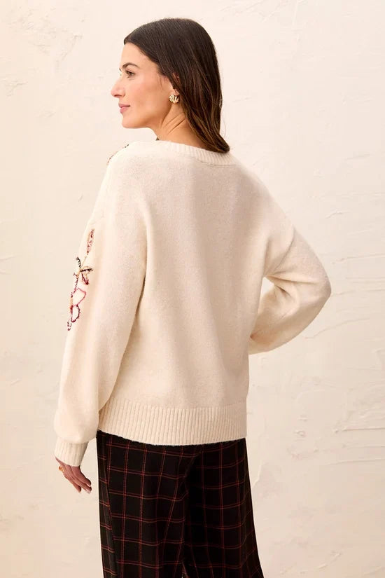tribal Eyelash floral Embroidered Long Sleeve Crew Neck Sweater