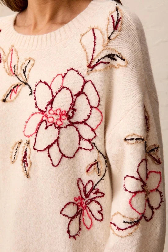 tribal Eyelash floral Embroidered Long Sleeve Crew Neck Sweater