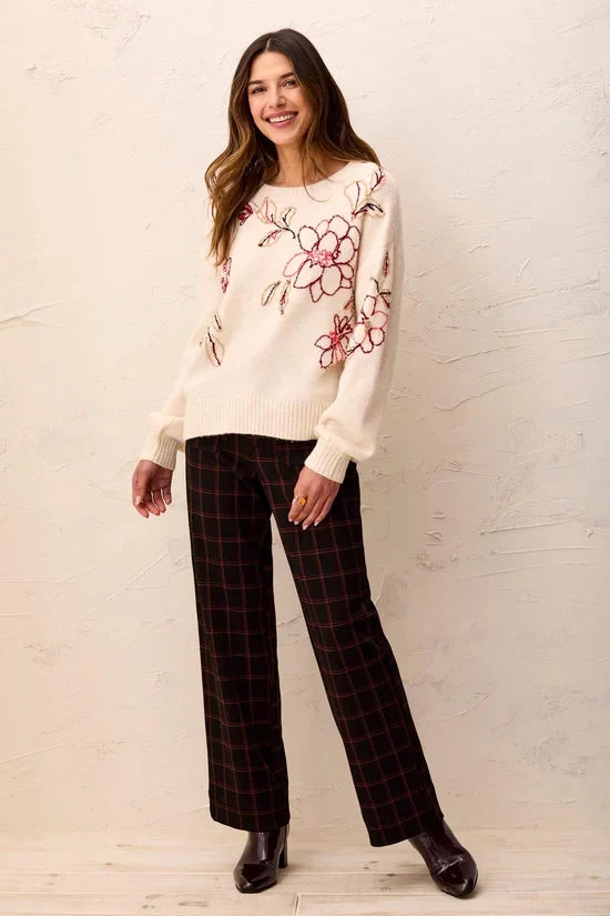 tribal Eyelash floral Embroidered Long Sleeve Crew Neck Sweater