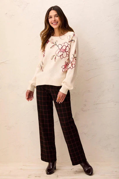 tribal Eyelash floral Embroidered Long Sleeve Crew Neck Sweater