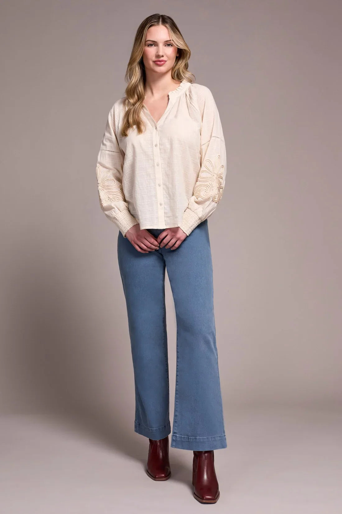 Tribal | L/s Blouse W/ Applique On Slv-