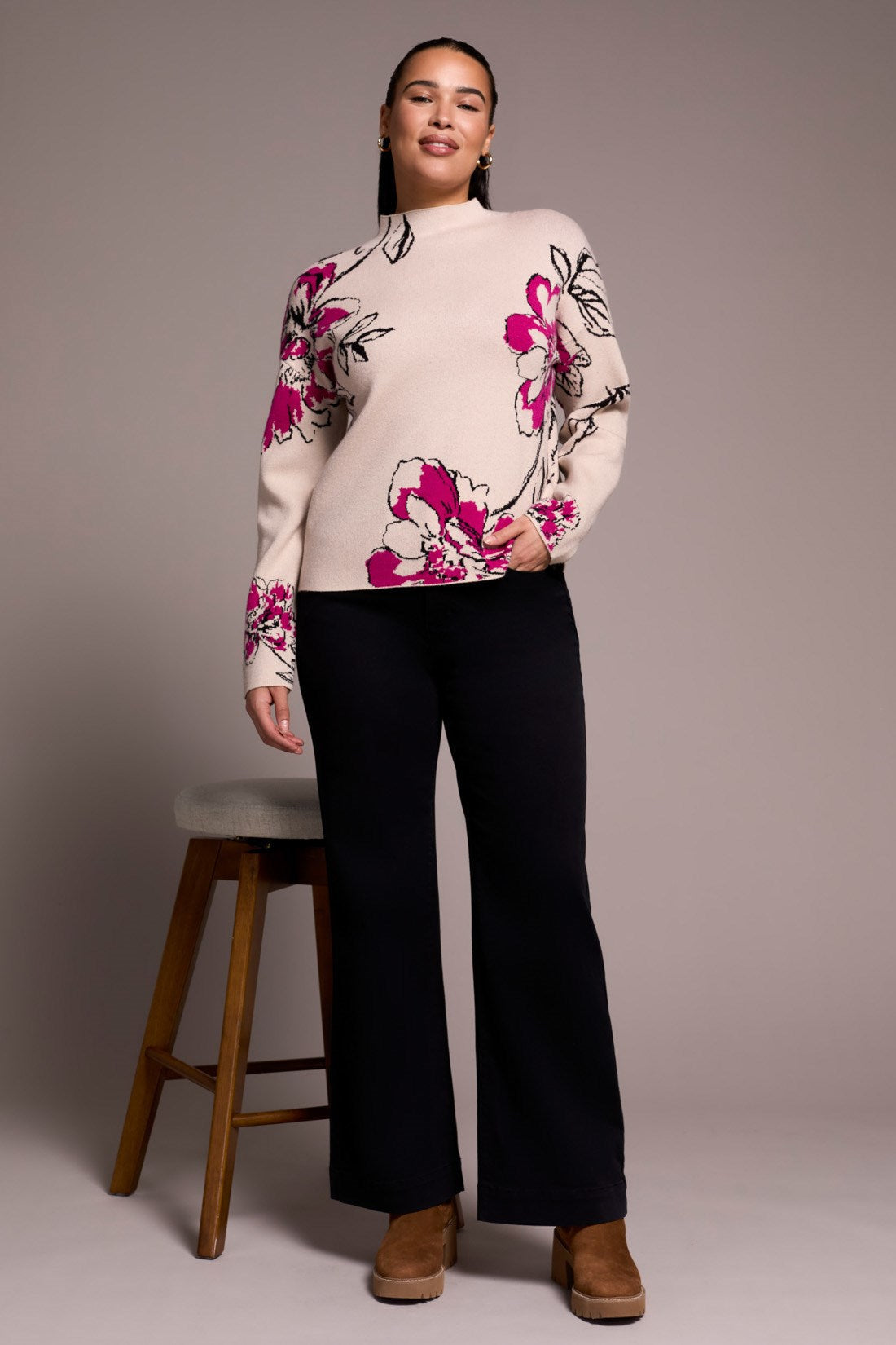 Tribal | Knit Jacquard Funnel Neck Swea