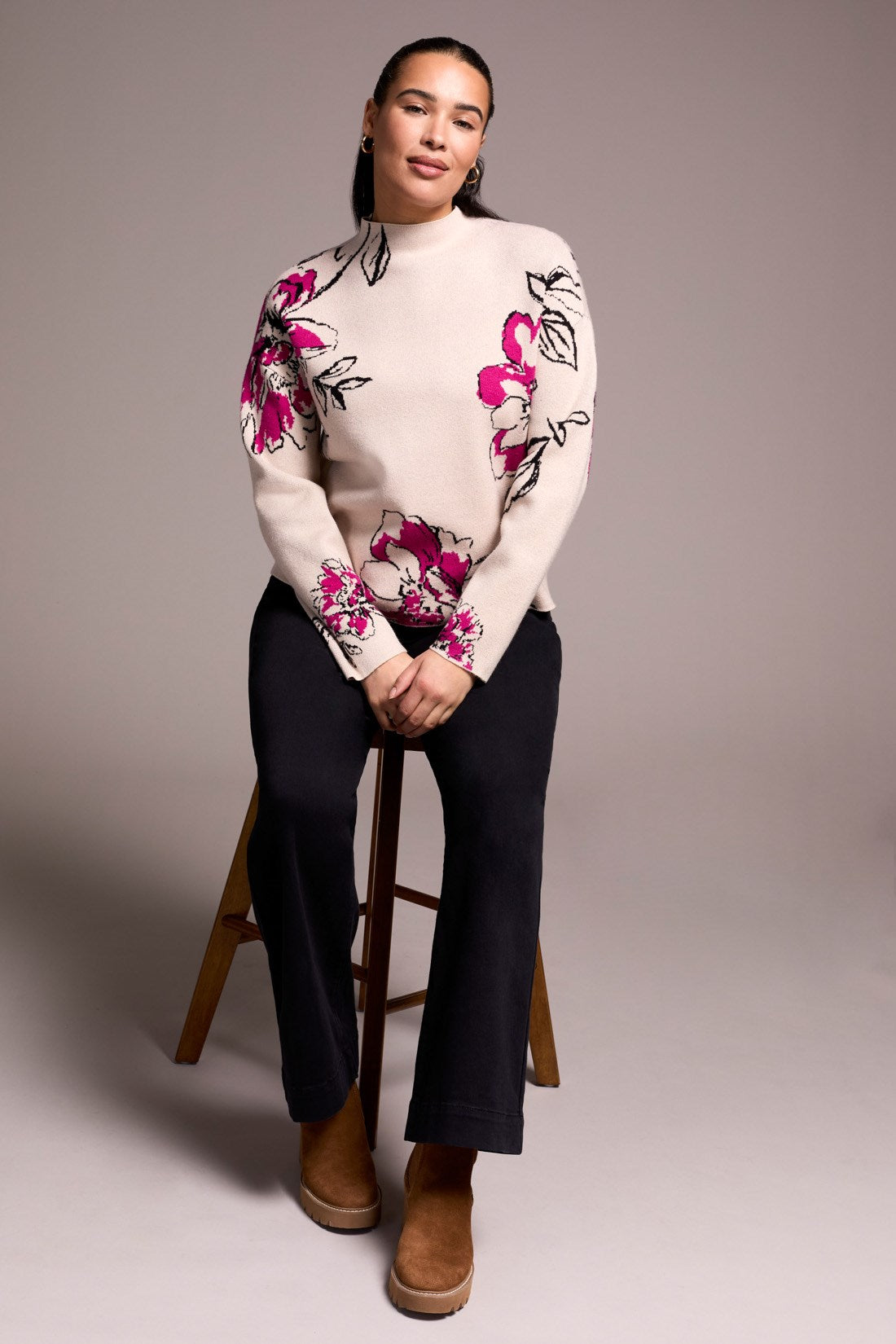 Tribal | Knit Jacquard Funnel Neck Swea