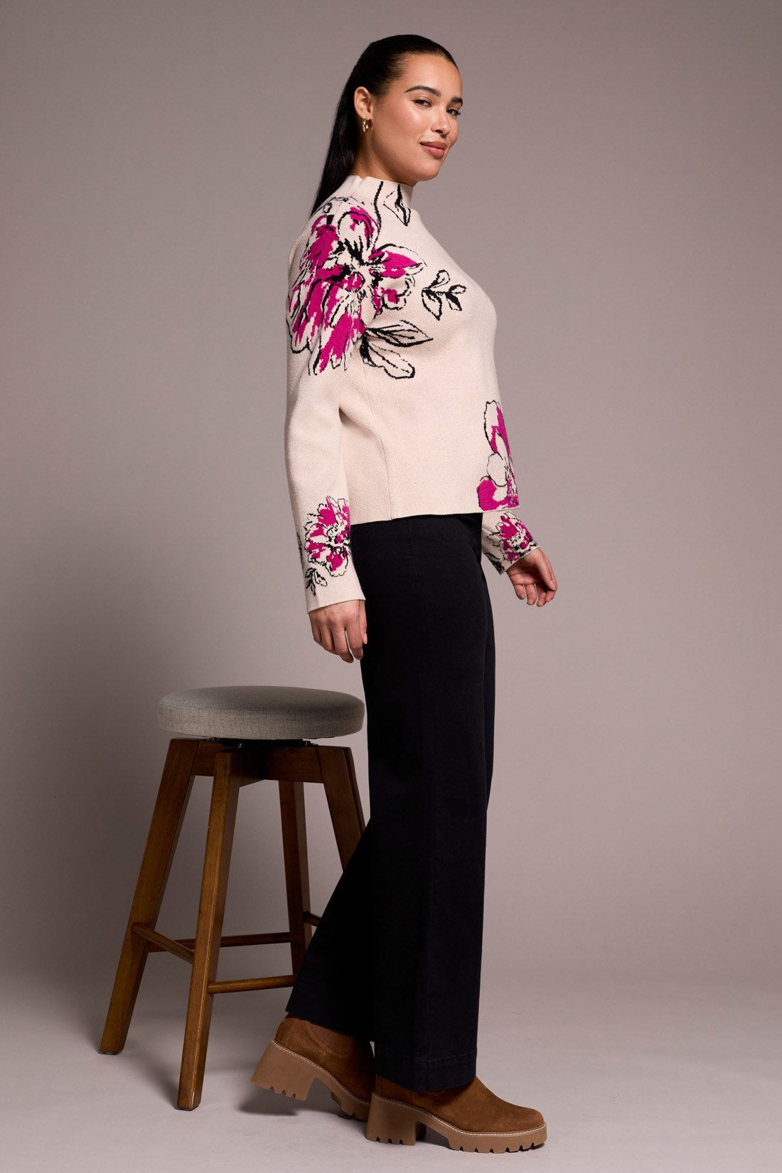 Tribal | Knit Jacquard Funnel Neck Swea