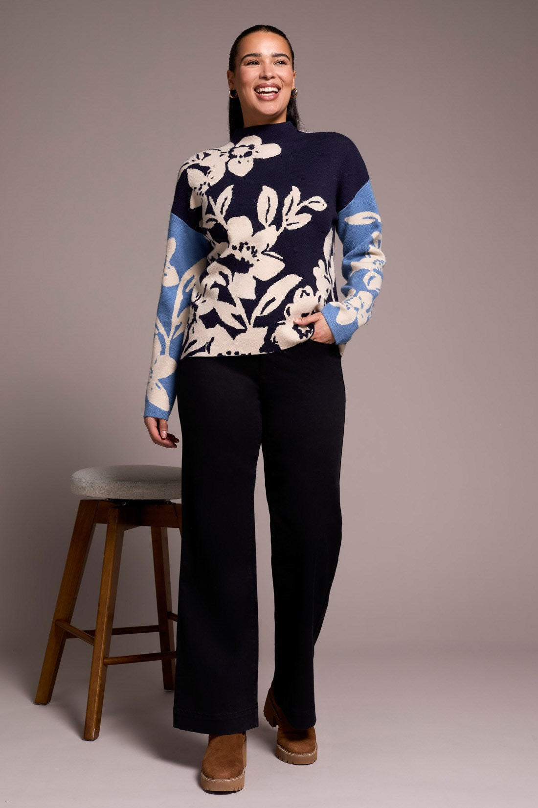 Tribal | Knit Jacquard Funnel Neck Swea