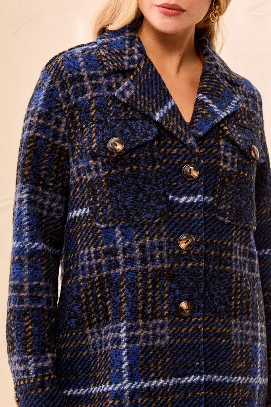 blue Knit Plaid Notch Collar Buttoned Shacket