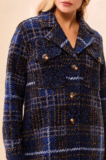 blue Knit Plaid Notch Collar Buttoned Shacket