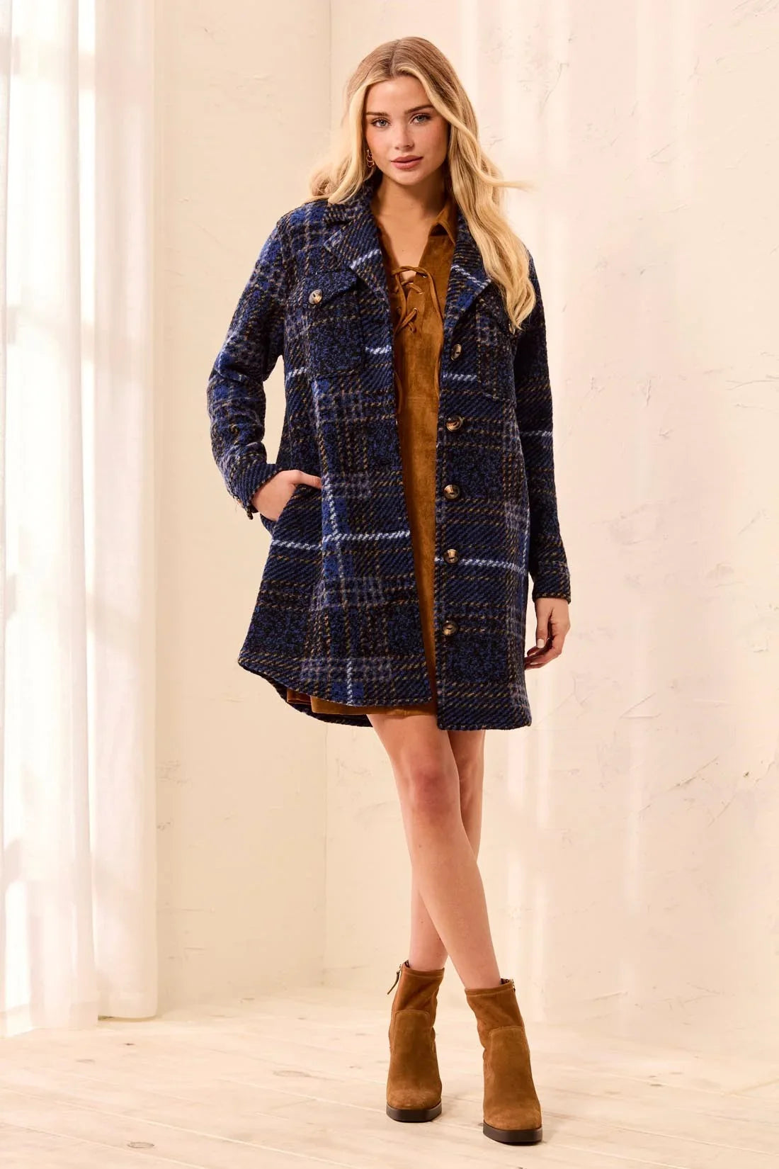 blue Knit Plaid Notch Collar Buttoned Shacket