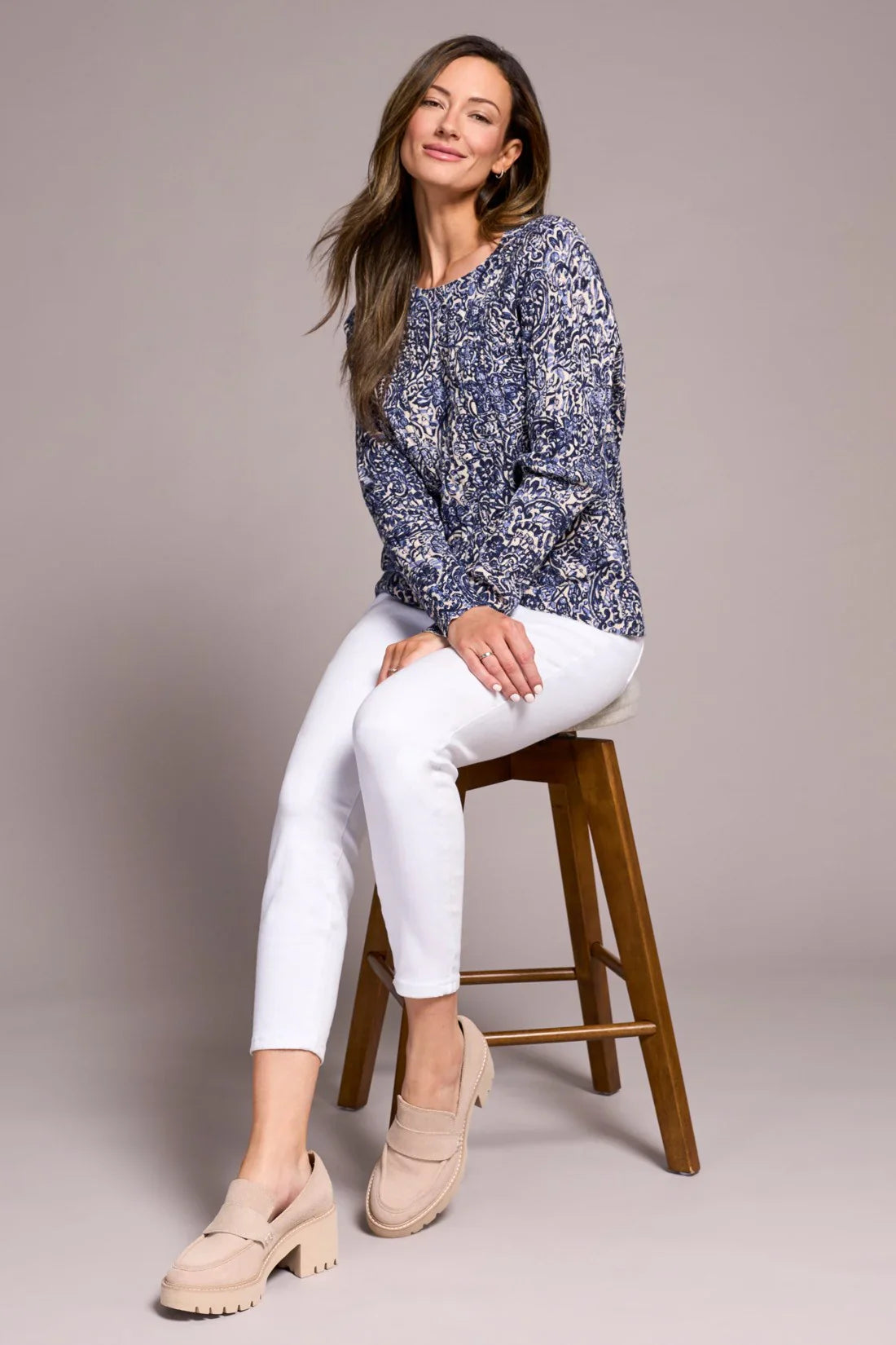 Tribal printed cable cotton crew neck sweater in sapphire color, featuring a cozy knit design and textured pattern.