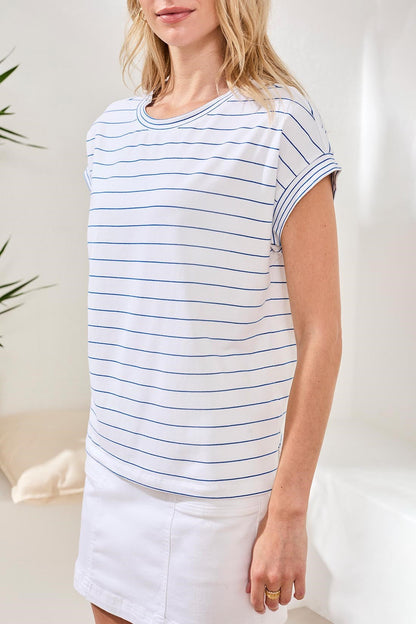 Stripe Jersey Cap Sleeve Crew Neck Top -Turkishsea