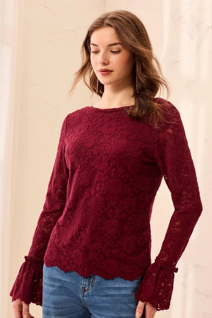 tribal Wear Two Ways Lace V Neck Scalloped Hem Top in cherry lacquer
