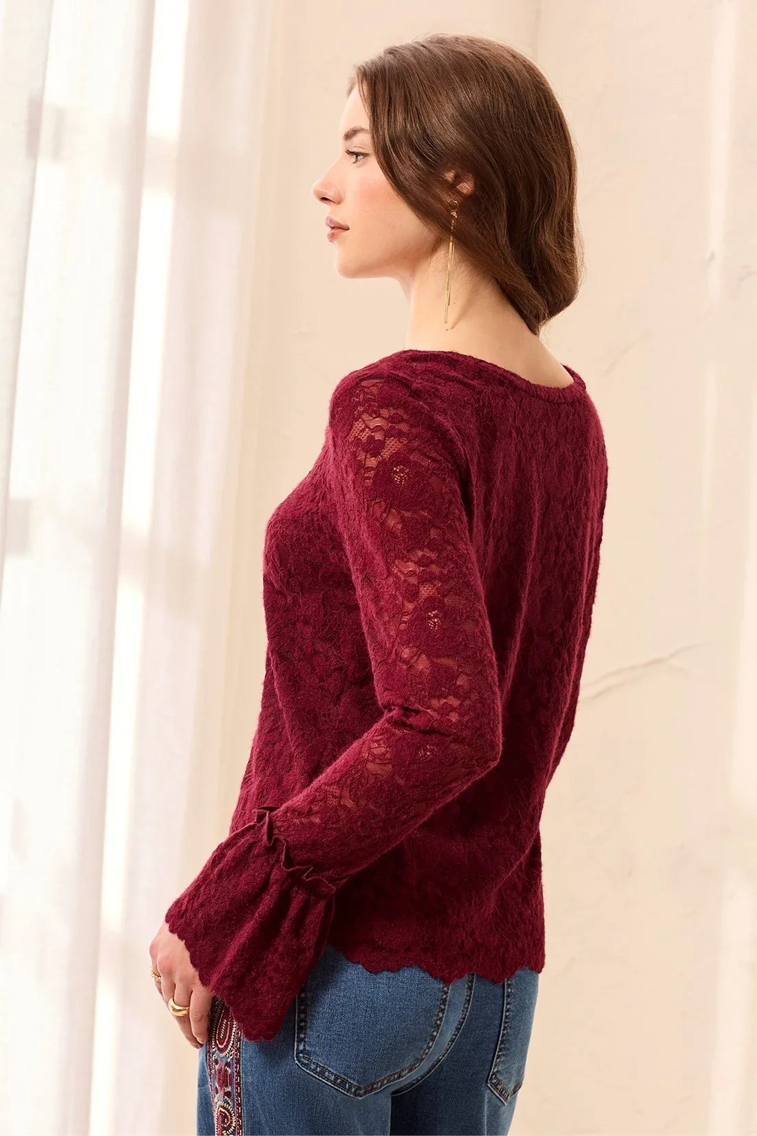 tribal Wear Two Ways Lace V Neck Scalloped Hem Top in cherry lacquer