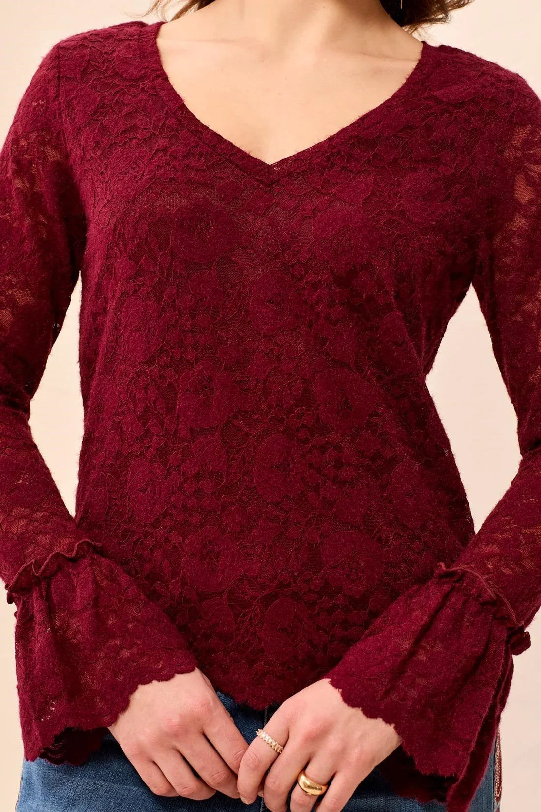tribal Wear Two Ways Lace V Neck Scalloped Hem Top in cherry lacquer