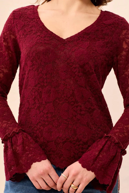 tribal Wear Two Ways Lace V Neck Scalloped Hem Top in cherry lacquer