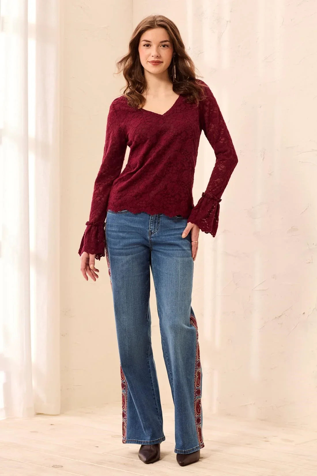 tribal Wear Two Ways Lace V Neck Scalloped Hem Top in cherry lacquer