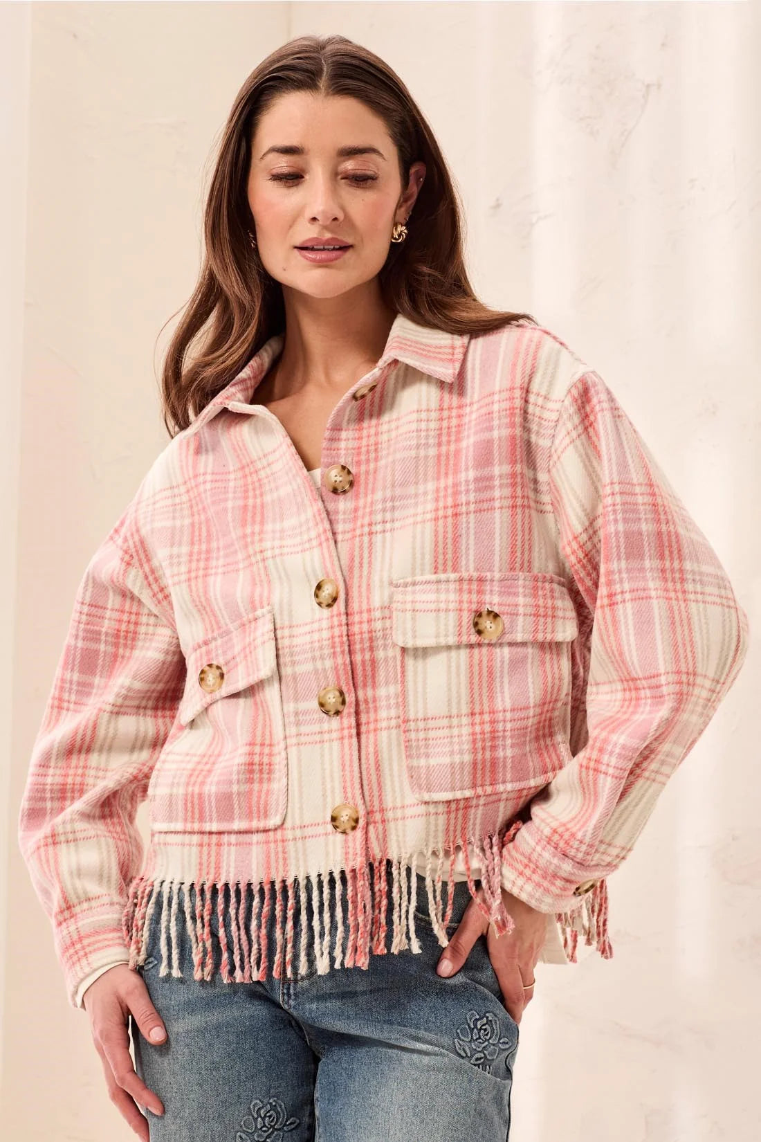 Plaid Crop Shacket with Fringe