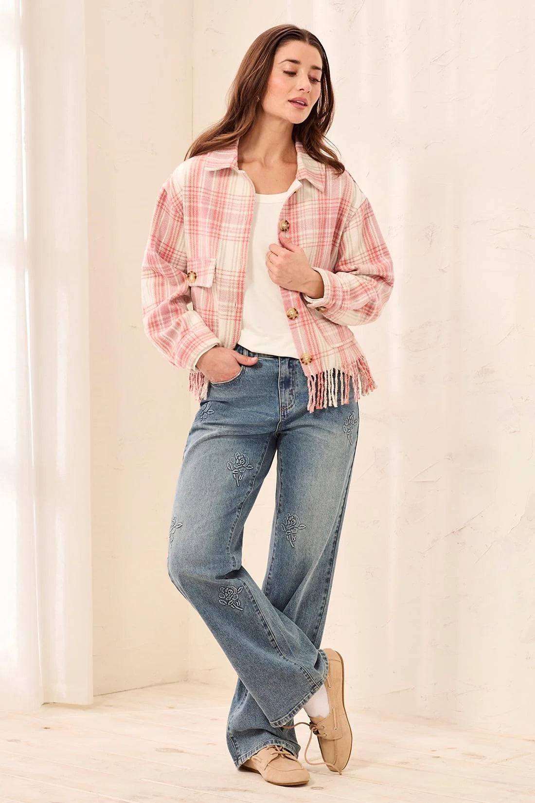 Plaid Crop Shacket with Fringe