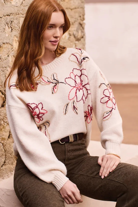 tribal Eyelash floral Embroidered Long Sleeve Crew Neck Sweater