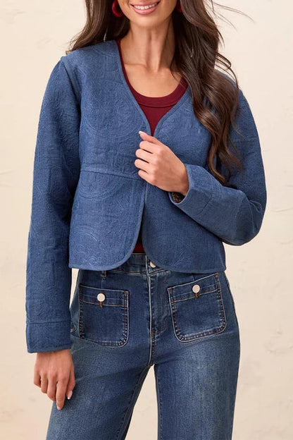 tribal Sharp Reversible Quilt Jacket quilted jacket cropped blue denim jacket over a burgundy top and blue jeans