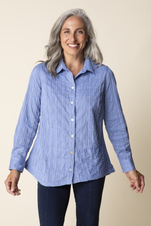Habitat Santorini Stripe Shirt, a stylish casual top with blue and white horizontal stripes, displayed on a hanger.