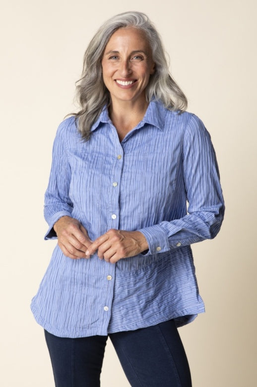 Habitat Santorini Stripe Shirt, a stylish tops with blue and white horizontal stripes, displayed on a hanger.