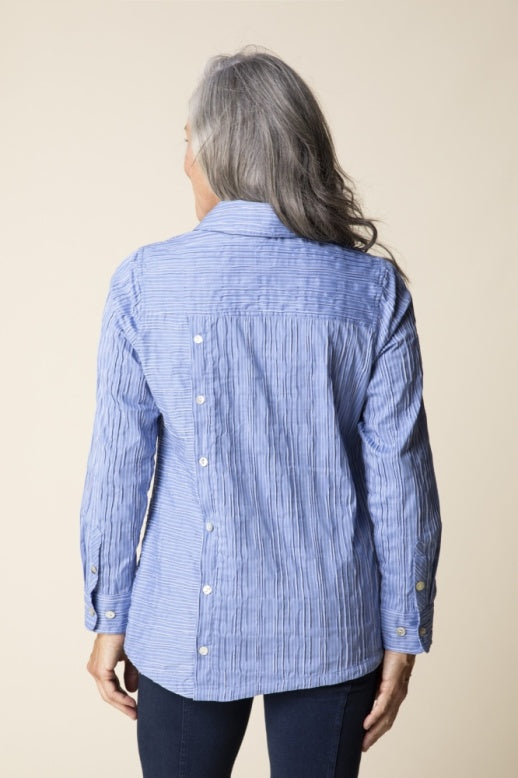 HABITAT Santorini Stripe Shirt, a stylish casual top with blue and white stripes, displayed on a hanger against a neutral background.